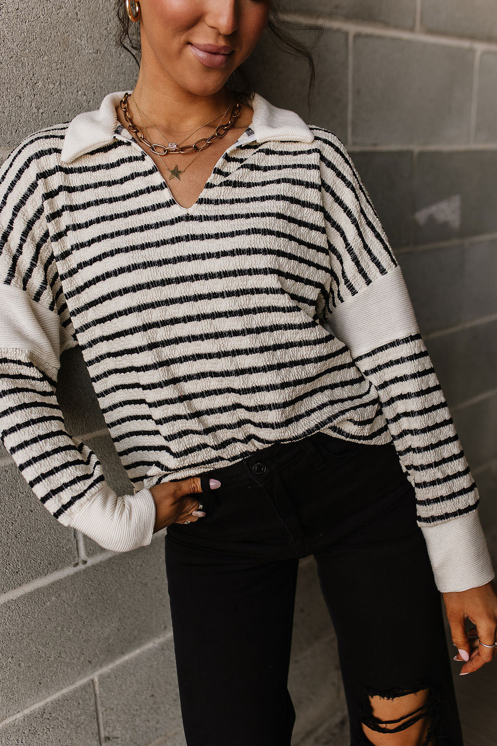 V Neck Collared Striped Sweater Tee