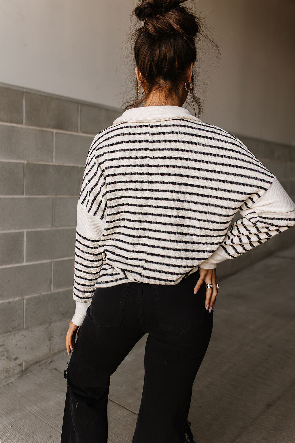 V Neck Collared Striped Sweater Tee