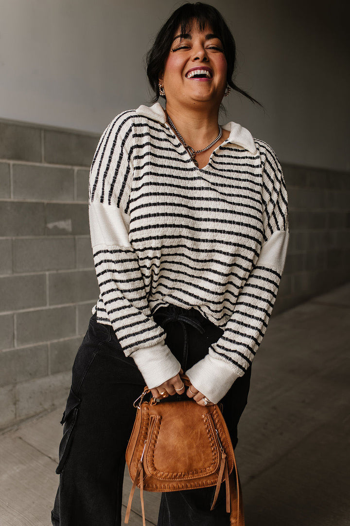 V Neck Collared Striped Sweater Tee