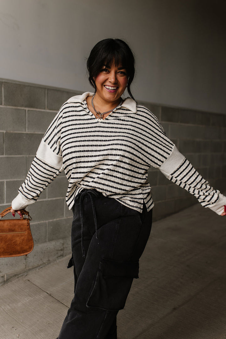 V Neck Collared Striped Sweater Tee