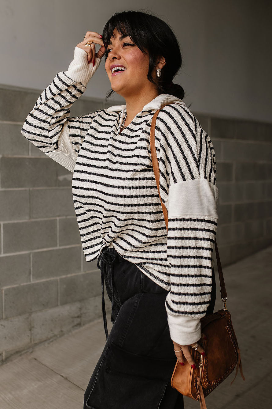 V Neck Collared Striped Sweater Tee