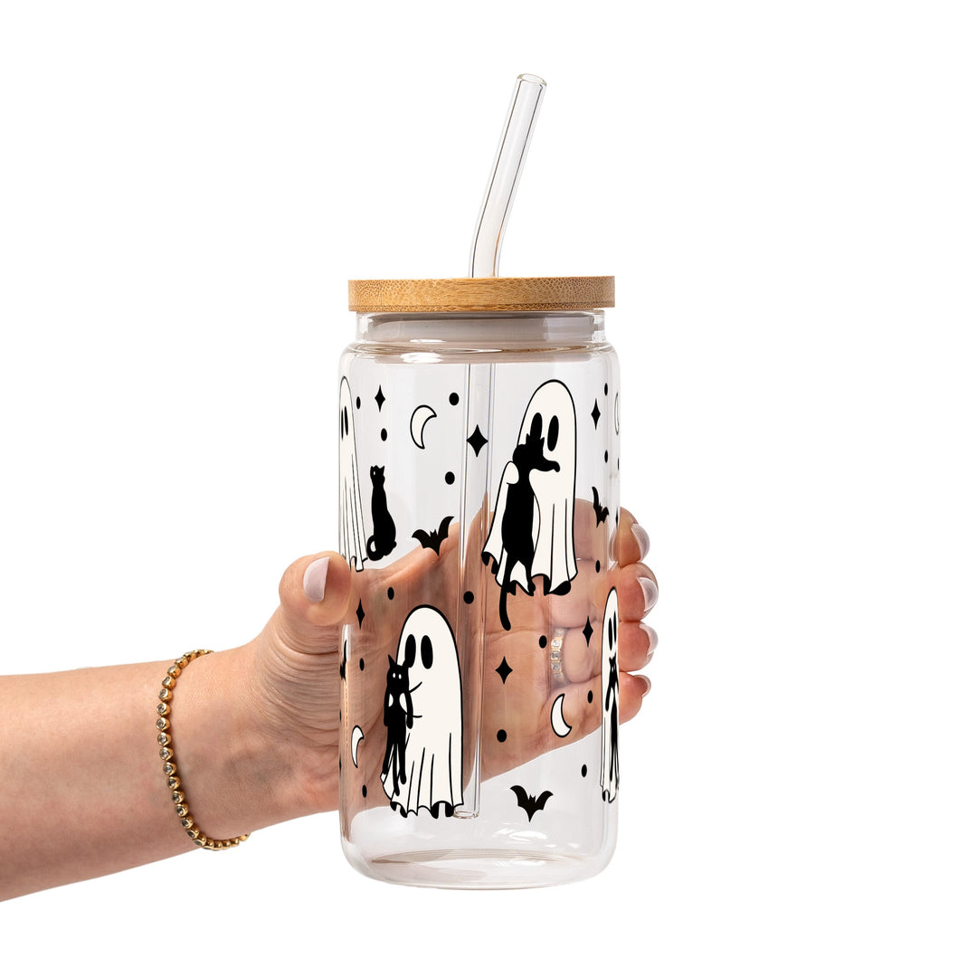 Ghost Holding Cats Glass Cup
