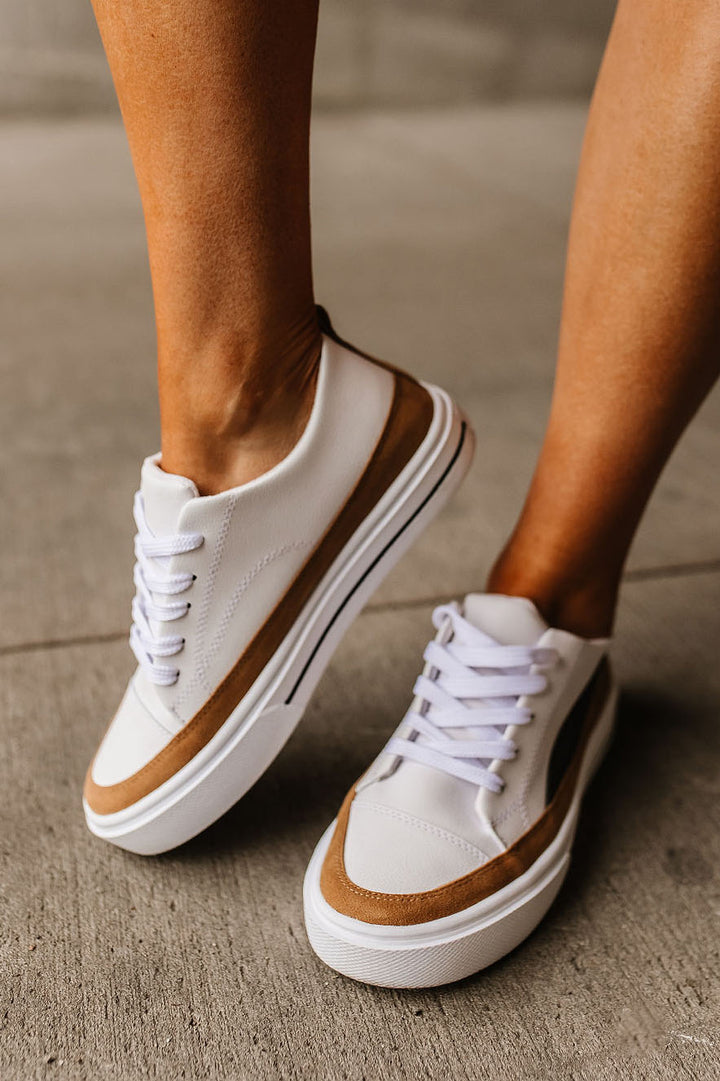 White Trainer Sneakers with Camel Suede Lace Up | Mindy Mae's Market
