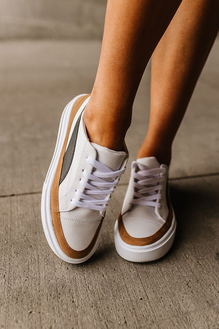 White Trainer Sneakers with Camel Suede Lace Up | Mindy Mae's Market