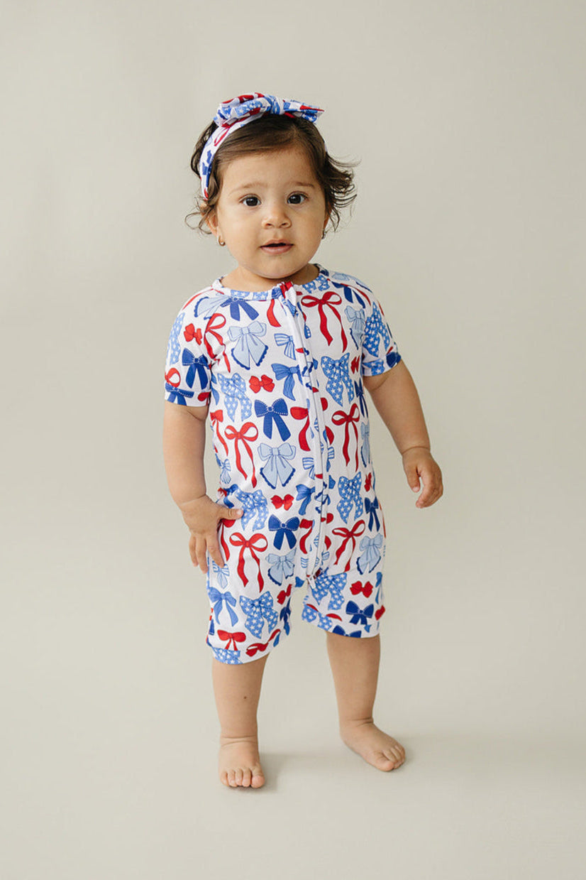 Bamboo Shorty Romper  | Red-White & Bows