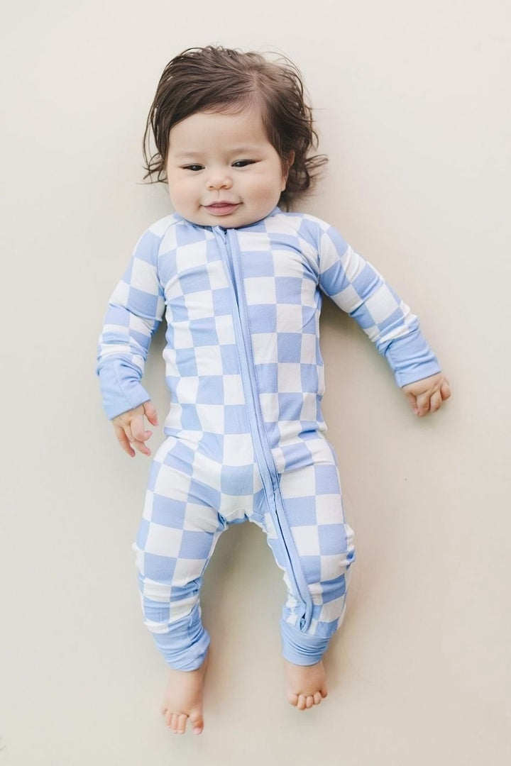Bamboo Zip Romper | Blue Checkered