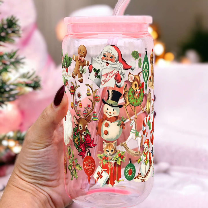 Nostalgic Christmas Glass Can Cup with Lid & Straw