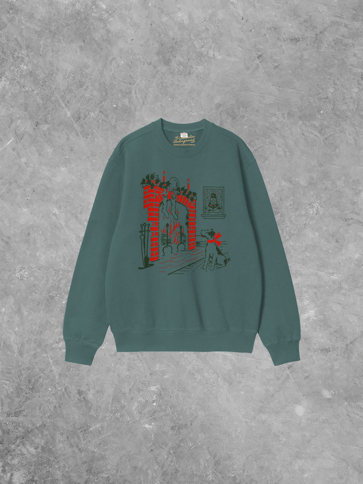 Underground Original Design: Dog at Fireplace Boxy Cotton 90's Christmas Sweatshirt