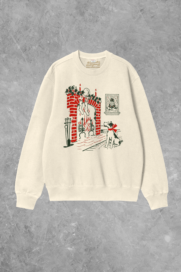 Underground Original Design: Dog at Fireplace Boxy Cotton 90's Christmas Sweatshirt