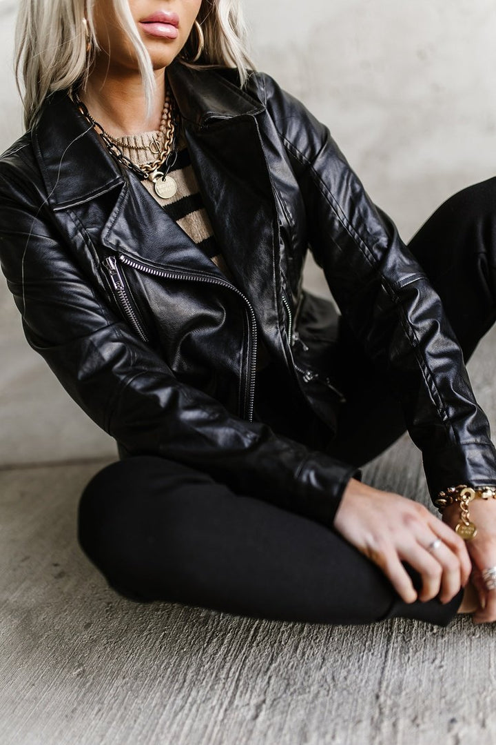 Vegan Leather Moto Jacket- Black