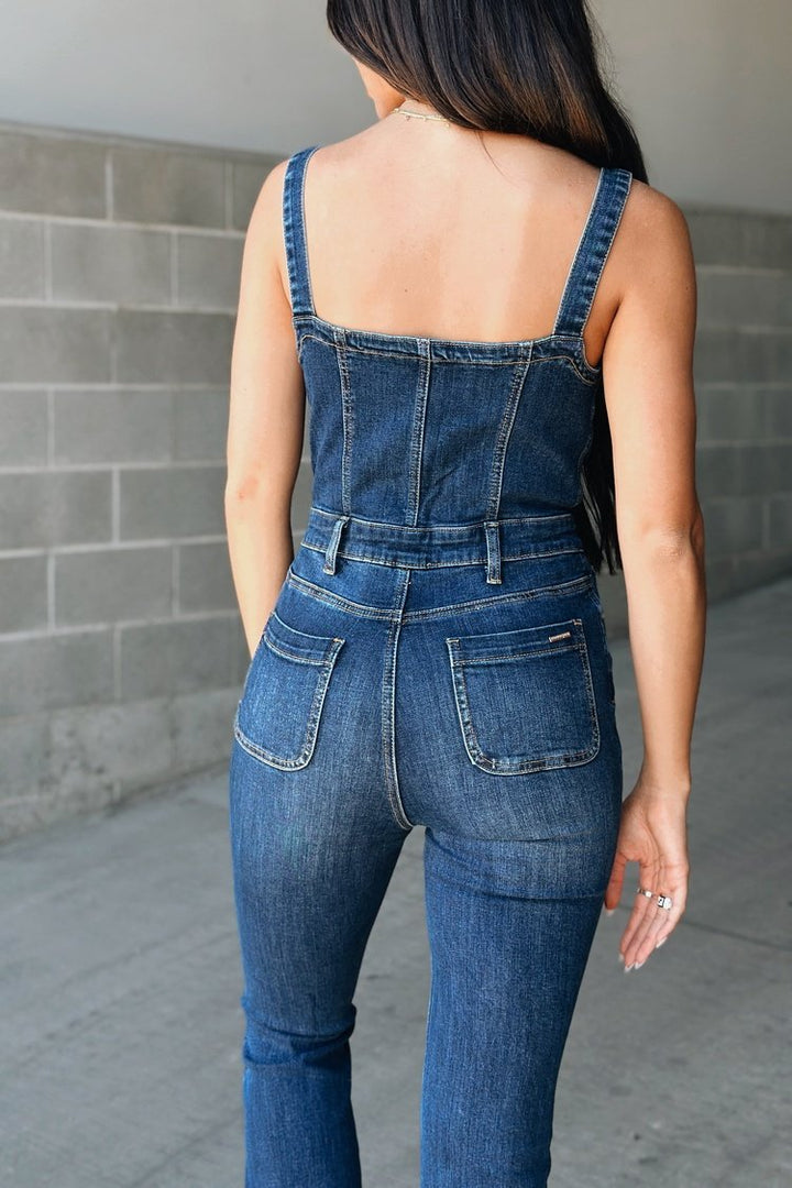 Button Front Overall Bell Bottom Stretchy Jumpsuit