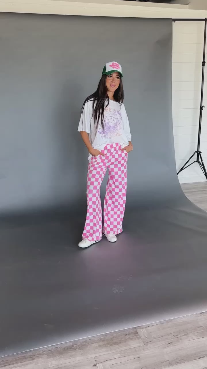 White and Pink Checked Comfy Wide Leg Pants | Checkmate Pants