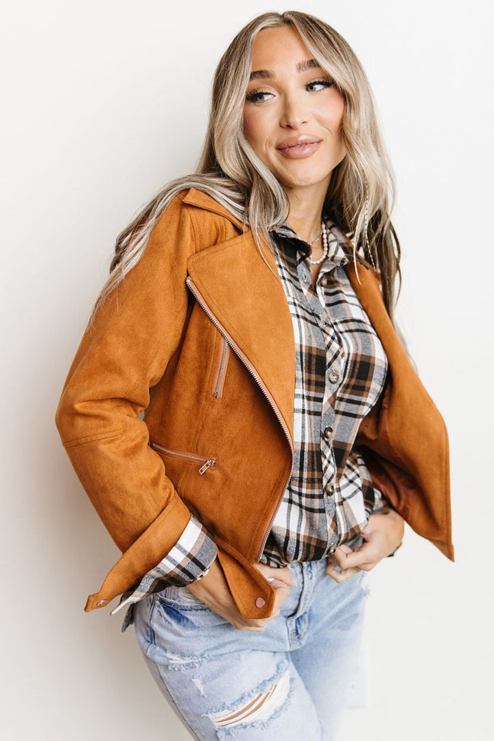 Vegan Suede Leather Moto Jacket- Camel