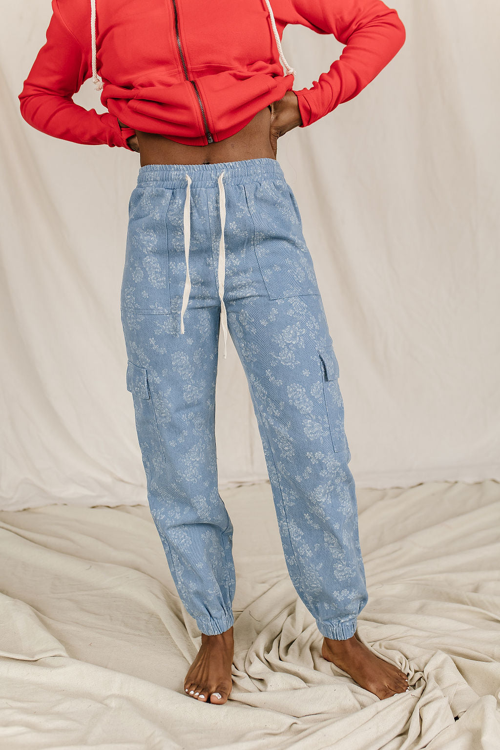 Floral Denim Cargo Pants