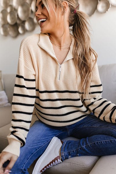 HalfZip Sweater- Cream & Black Stripe – Mindy Mae's Market