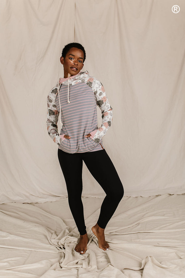 Mixed Print Hoodie with Striped Bodice