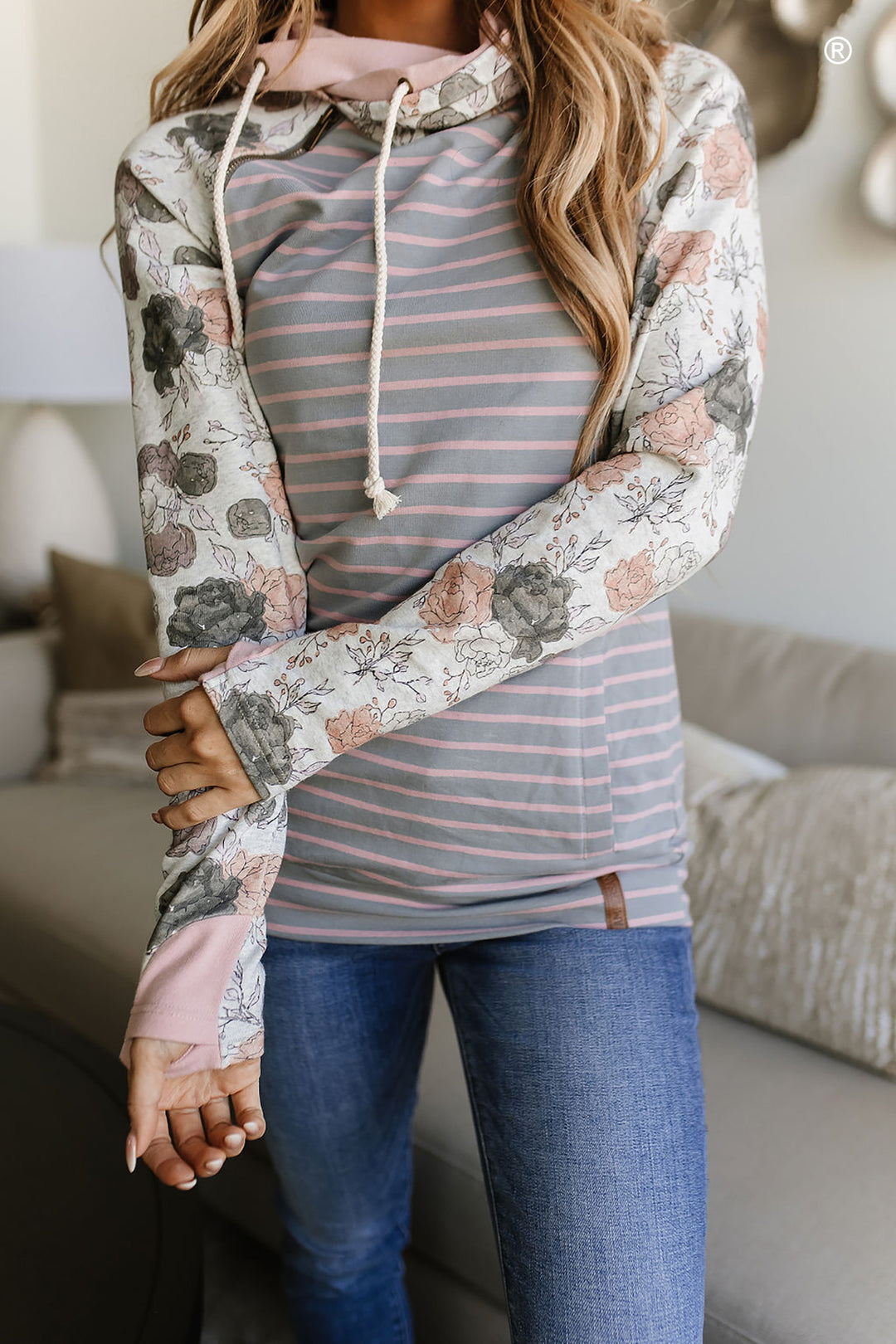 Mixed Print Hoodie with Striped Bodice