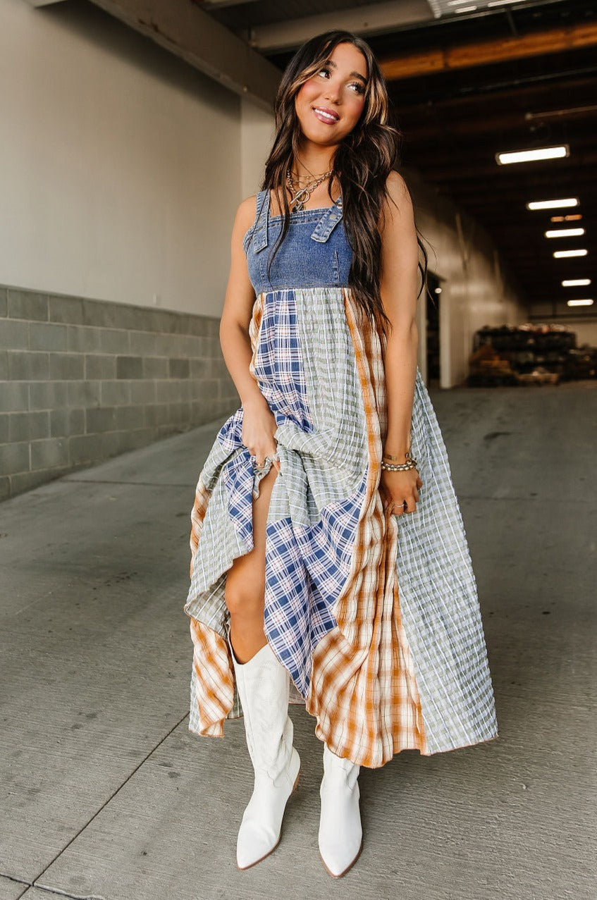 Patchwork Overall Dress with Adjustable Straps
