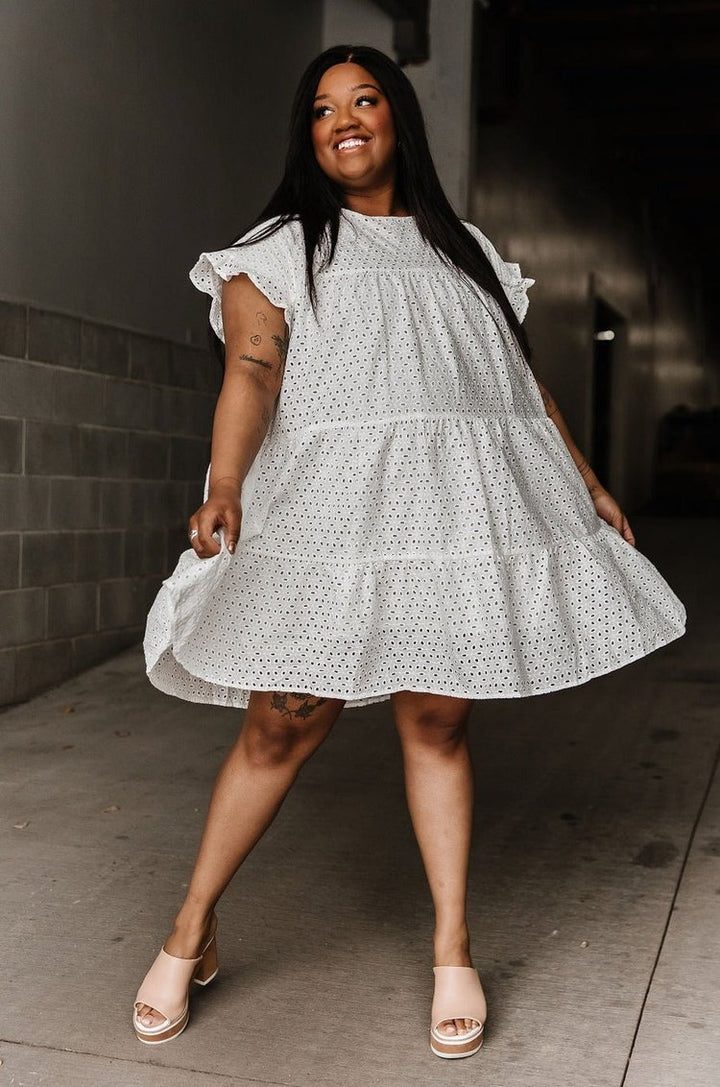 White Lace Eyelet Tiered Flutter Sleeve Dress