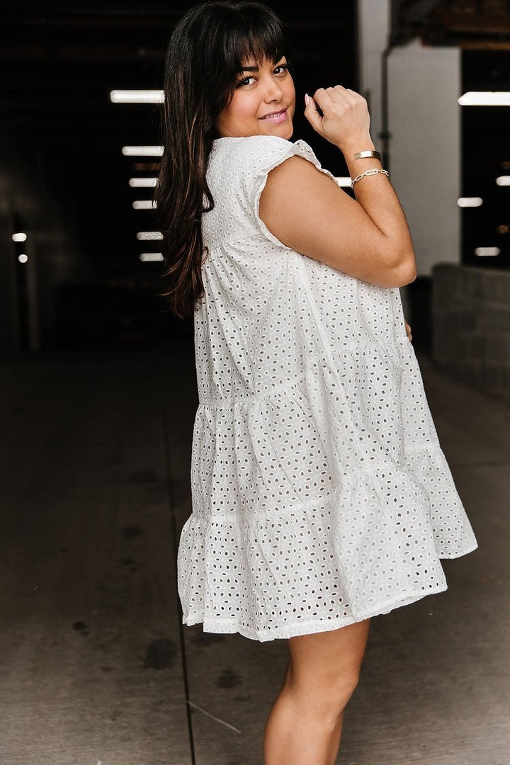 White Lace Eyelet Tiered Flutter Sleeve Dress