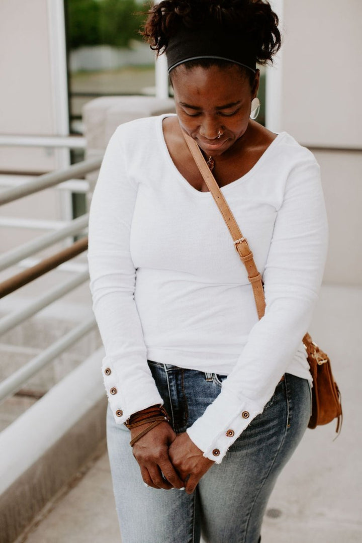 Naomi Button Sleeve Top - White - Mindy Mae's Marketcomfy cute hoodies