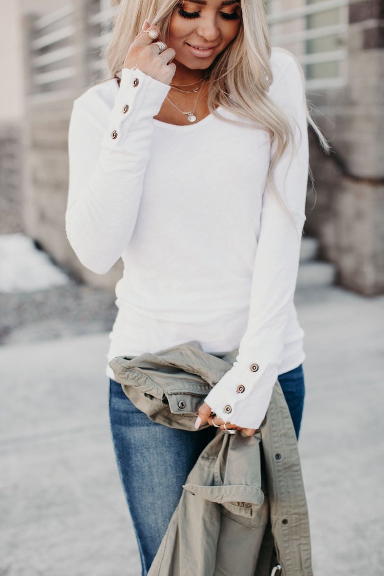 Naomi Button Sleeve Top - White - Mindy Mae's Marketcomfy cute hoodies