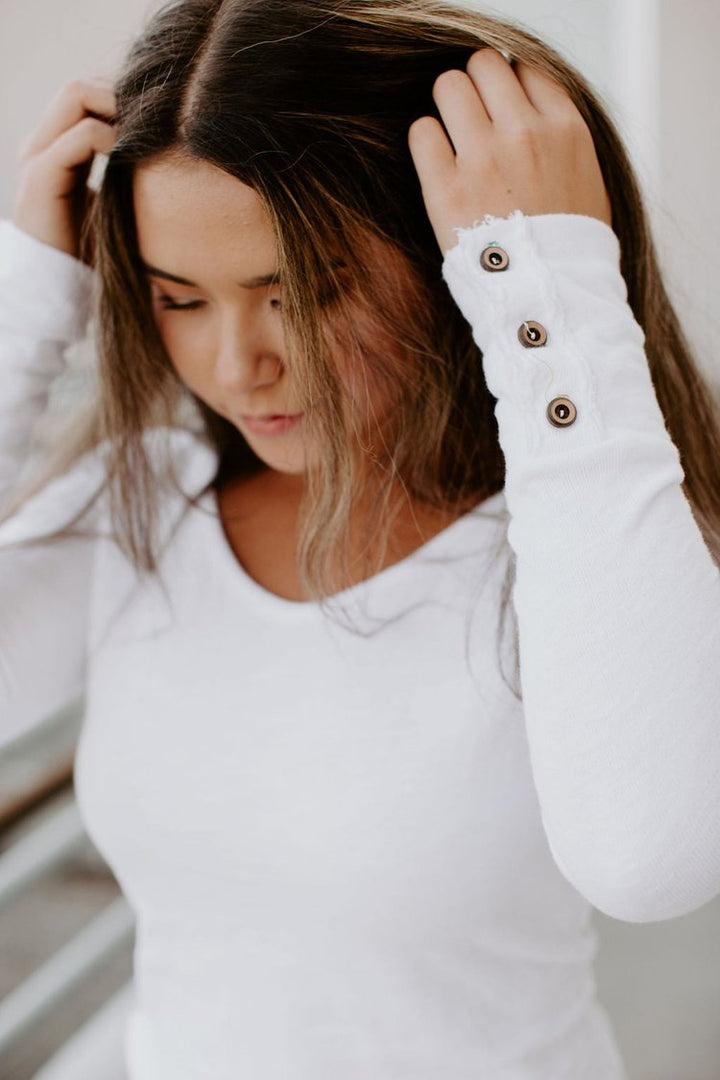 Naomi Button Sleeve Top - White - Mindy Mae's Marketcomfy cute hoodies